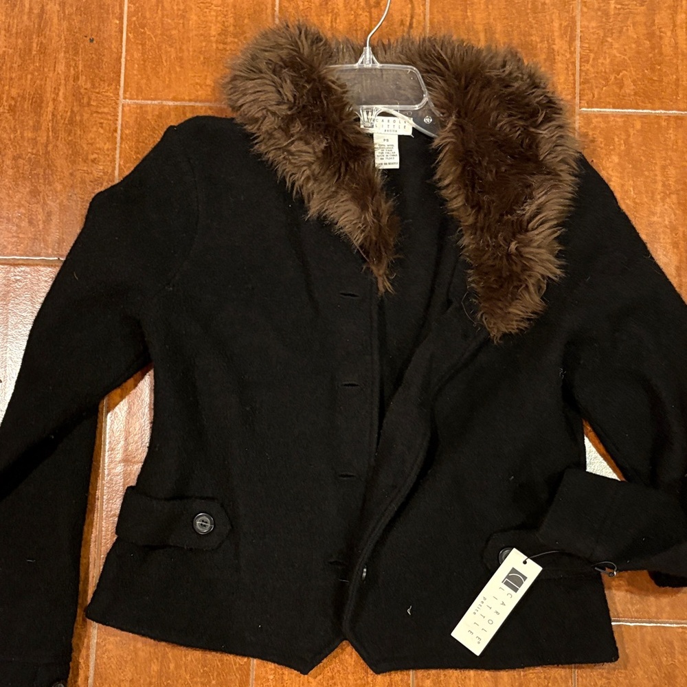 Carole Little Black Teddy Jacket with Brown Faux Fur Collar